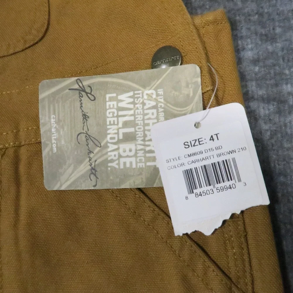 Carhartt CM8609 Duck Canvas‎ Bib Overalls Kids 4T Brown Double Knee Outdoor New